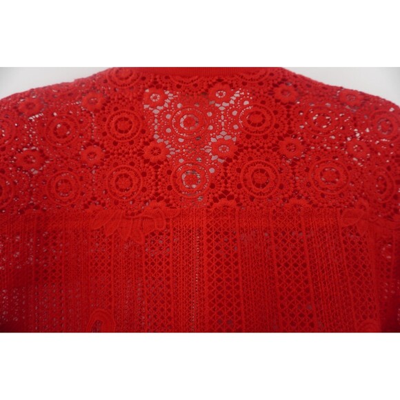 Chico's Women's Cherry Red Thick Floral Lace Crochet Zip Jacket Bomber Size L/2 - Picture 6 of 11